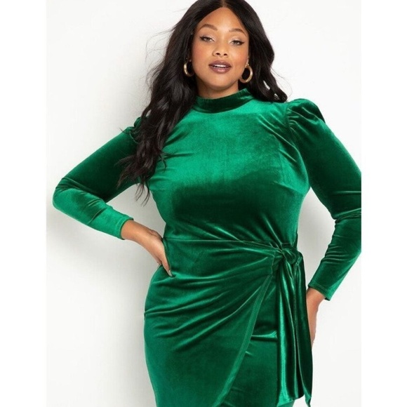 Eloquii Velvet Mini Dress with Wrap Skirt in Aventurine Green Size 14 - Picture 2 of 8